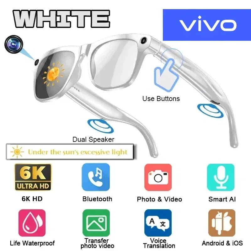 VIVO 4K HD AI Smart Glasses GPT100MP Multifunctional Camera Chat Bluetooth Call Voice Assistant Music Player Smart Translation - 1Tecbuy