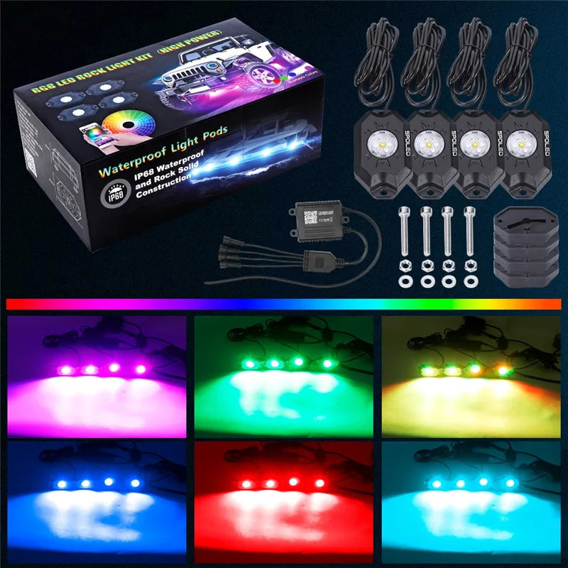 SENLO 4 Pods RGB LED Rock Light APP Control Music Neon Car Underglow Chassis Light for Offroad Truck SUV Rock Lights