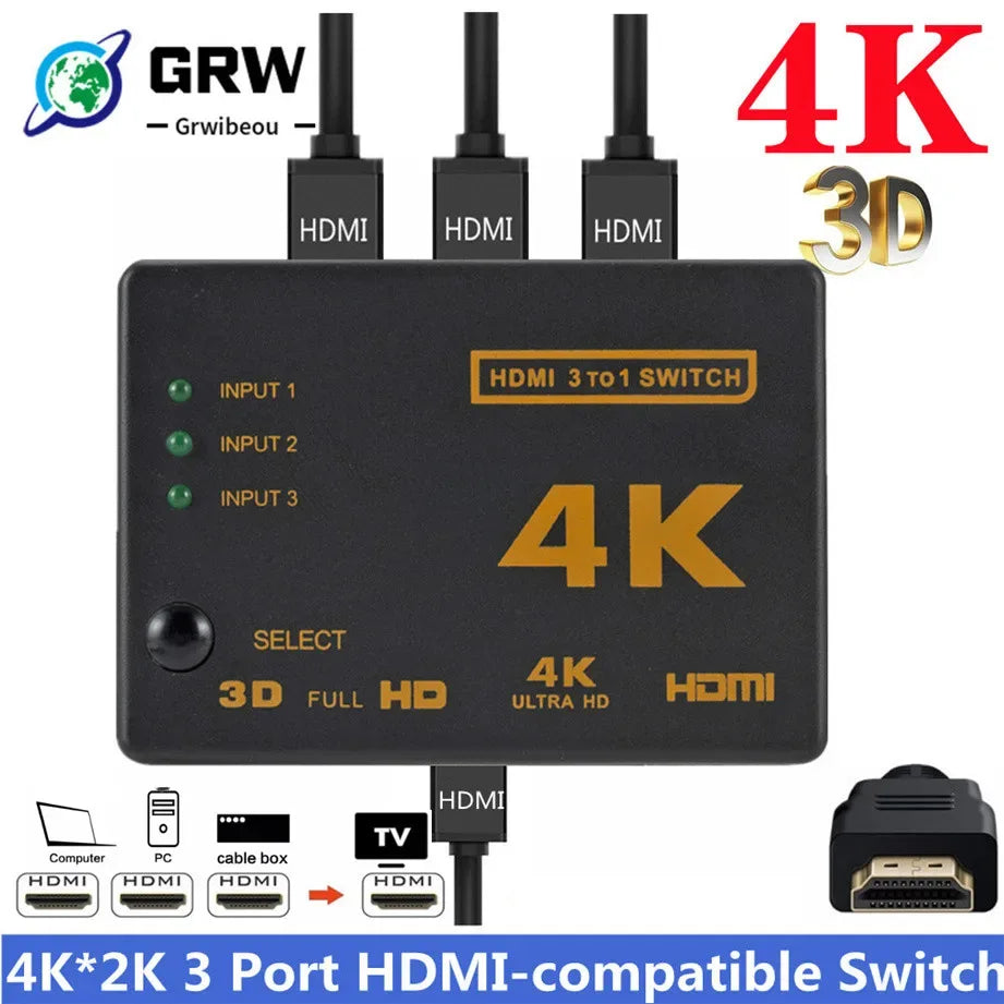 4K 2K 3x1 HDMI Cable Splitter HD 1080P Video Switcher Adapter 3 Input 1 Output Port HDMI Hub for Xbox PS4 DVD HDTV PC Laptop TV - 1Tecbuy