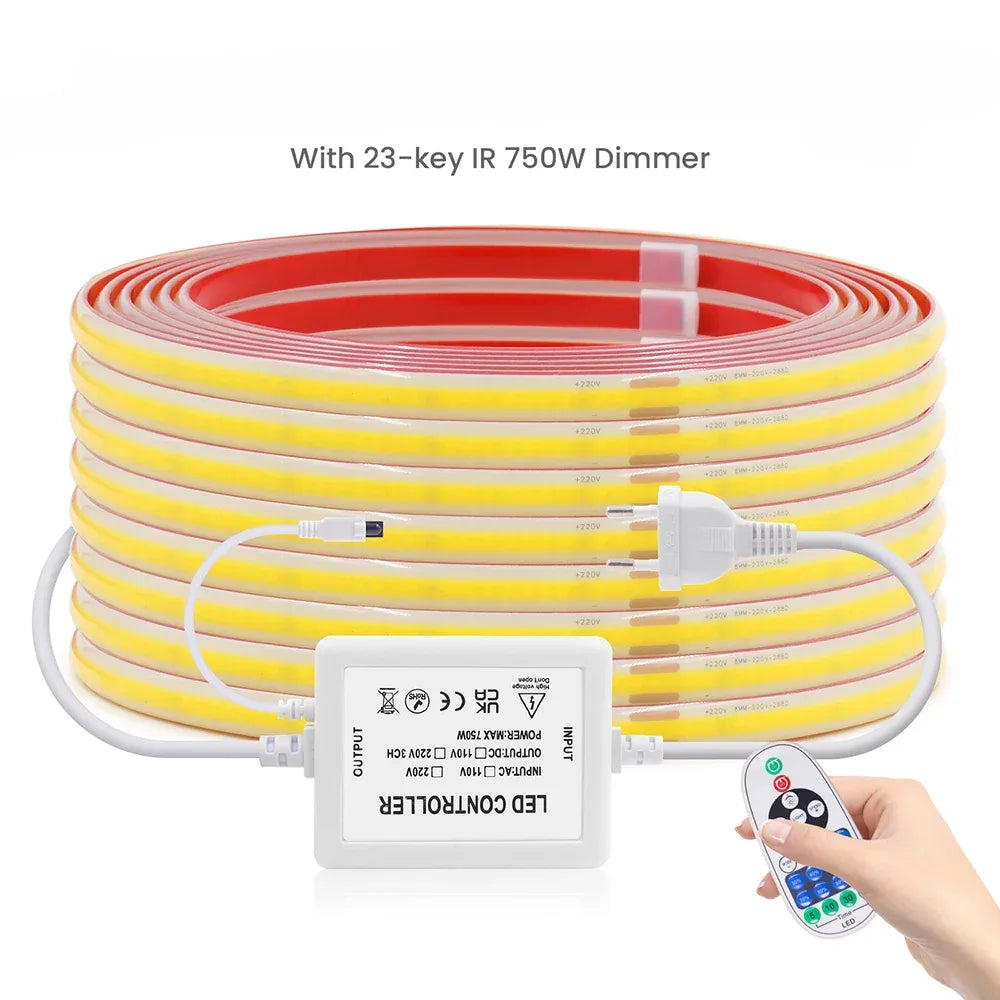 220V Dimmable COB LED Strip Light WIFI Bluetooth Wall Touch 23key Remote Control Power Kit 288LED IP67 Waterproof Flexible Lamp - 1Tecbuy