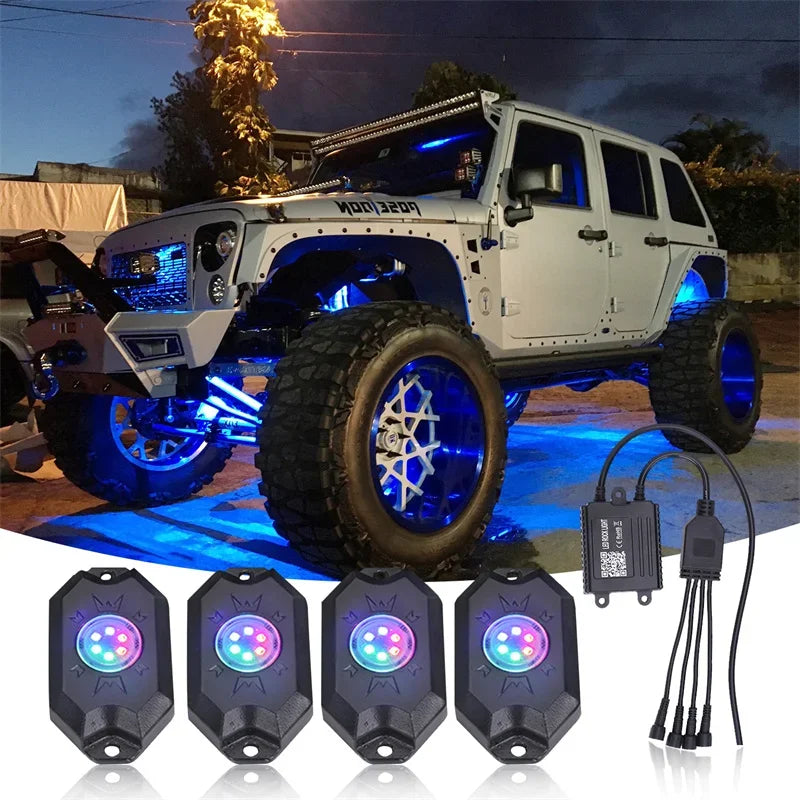 SENLO 4 Pods RGB LED Rock Light APP Control Music Neon Car Underglow Chassis Light for Offroad Truck SUV Rock Lights