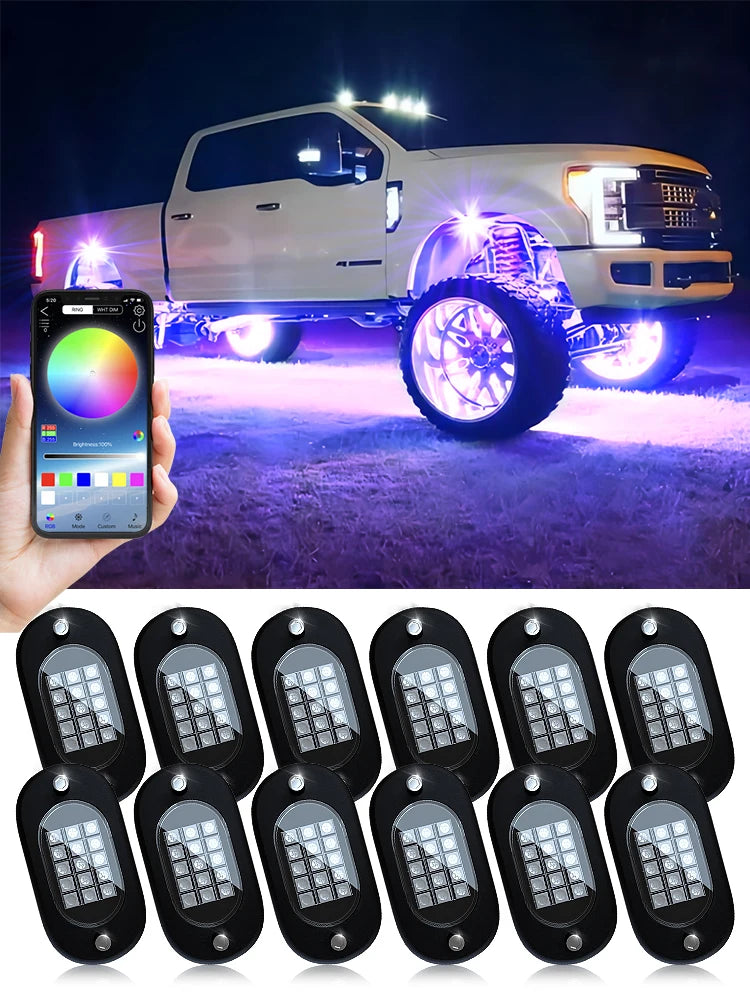 YiLaie 4/6/8/10/12 pods RGB LED Rock Light APP Control Music Neon Car Underglow Chassis Light for Offroad Truck SUV Rock Lights