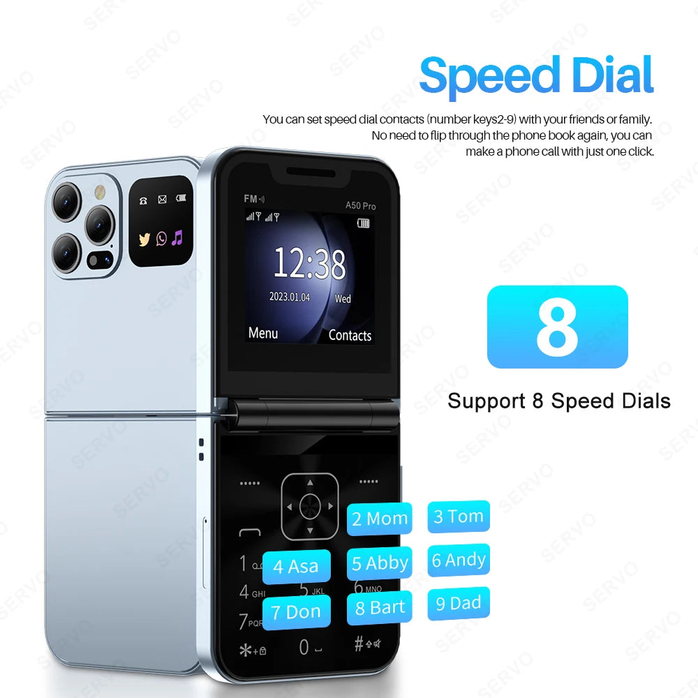 SERVO A50 PRO Flip Mobile Phones Magic Voice Blacklist Dual SIM Call Record Speed Dial Foldable Cellphones 2.4" Display Type-C