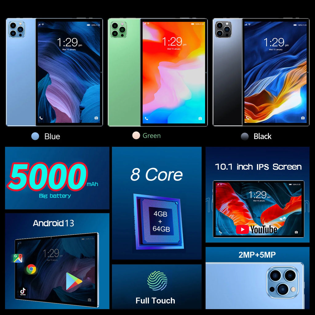 10.1 Inch Android 13 Tablet with Octa Core 4GB RAM 64GB ROM Dual SIM 3G Call WiFi Bluetooth Google Play - New Model