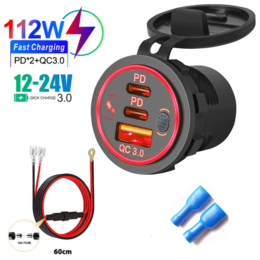 Car Charger Socket PD3.0 & QC3.0 Double USB C Ports Waterproof with LED Touch Switch 78W Fast Charging 12V/24V For Moto Adapter