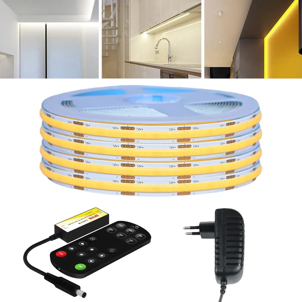RF Remote Control COB LED Strip 12V 1m 2m 3m 4m 5m Warm White Natural Dimmable Flexible Room Kitchen Cabinet Lighting Decor KIT