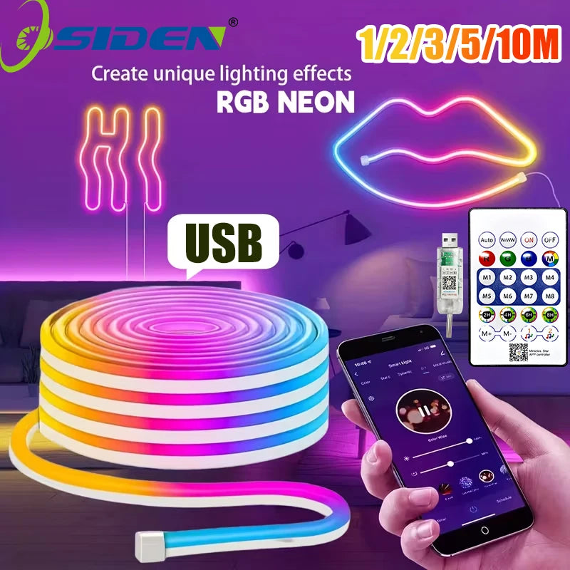 5v Smart RGB Neon Light Strip USB App/Remote Control Music Sync Waterproof Flexible Neon Strip for Bedroom Game Party Decoration