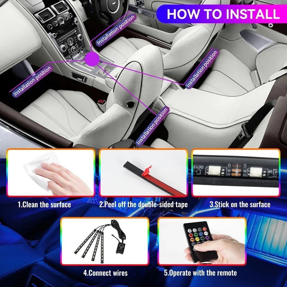 5V/12V Car Interior Ambient Foot Light Music APP USB/Cig Backlight Atmosphere Decorative Strip Lamp Neon For Auto Vehicle - 1Tecbuy