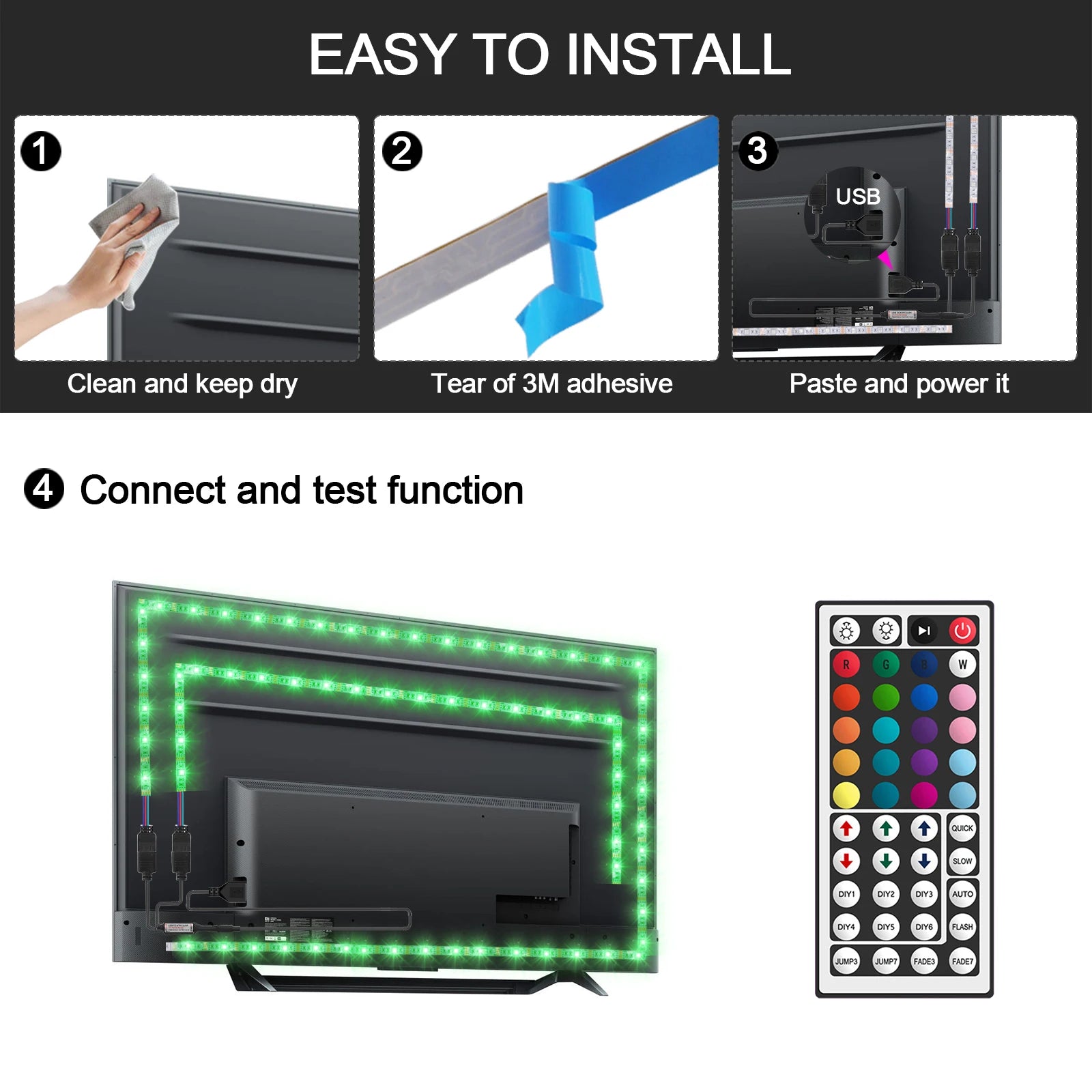 DC 5V USB RGB LED Strip Kit Black PCB Bluetooth/3Key/44Key IR Remote Control Flexible Ribbon Led TV BackLighting
