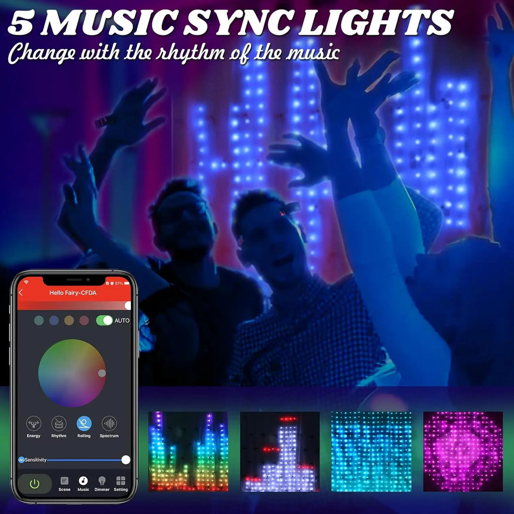 2m*2m/3m Smart Curtain Lights Bluetooth App LED String RGB Fairy Lights DIY Music Change Display for Window Bedroom Decoration