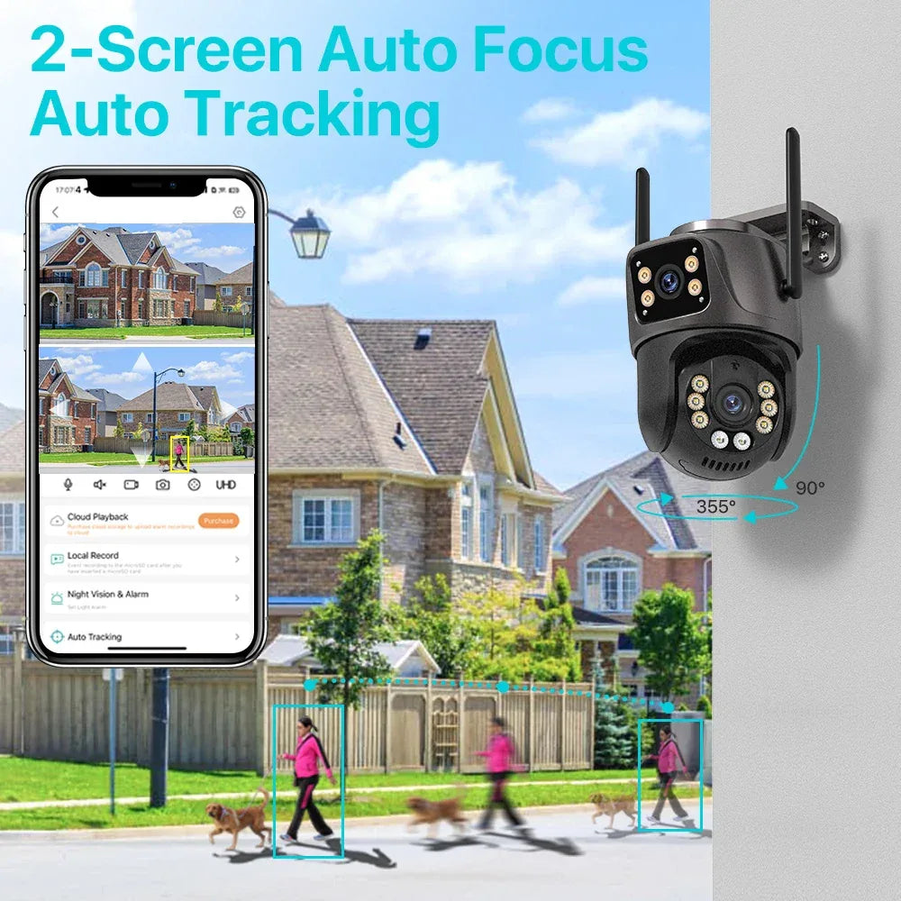 4K 8MP HD Wifi PTZ Camera Outdoor 4MP Dual Lens Dual Screen AI Auto Tracking IP Camera CCTV Audio Video Surveillance P2P iCSee - 1Tecbuy