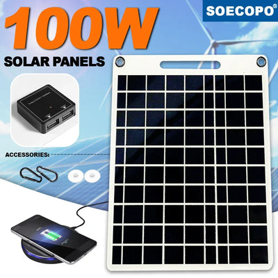 100W Solar Charger with Dual USB Ports, Waterproof & Portable Solar Panel for Outdoor Camping, Hiking, Emergency Devices - 1Tecbuy