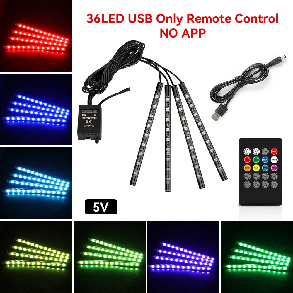 5V/12V Car Interior Ambient Foot Light Music APP USB/Cig Backlight Atmosphere Decorative Strip Lamp Neon For Auto Vehicle - 1Tecbuy