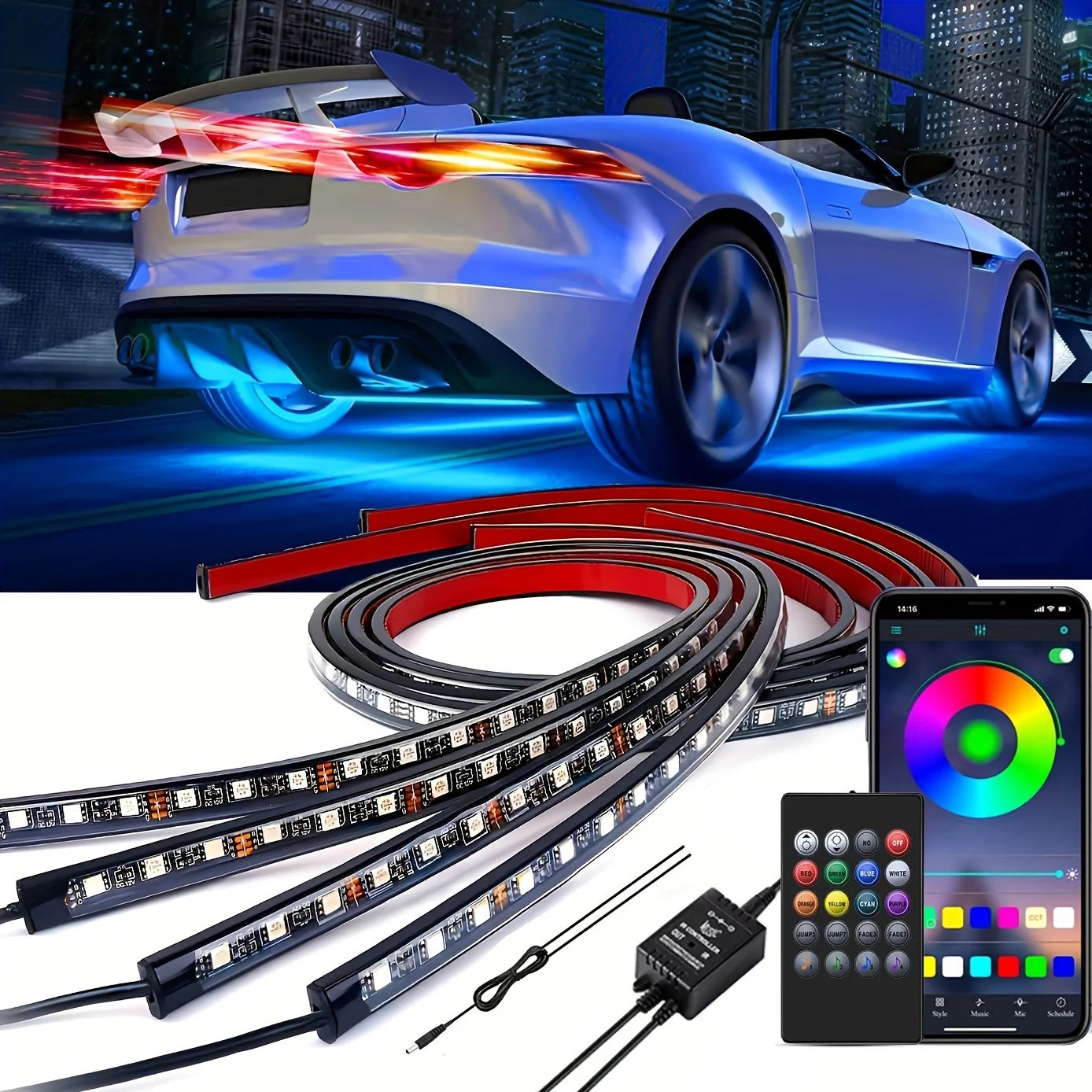 Neon LED Car Bottom Underglow Strip Lights Bar with Remote APP 16 Million Color Music DIY RGB Exterior Underbody Light 120x150cm