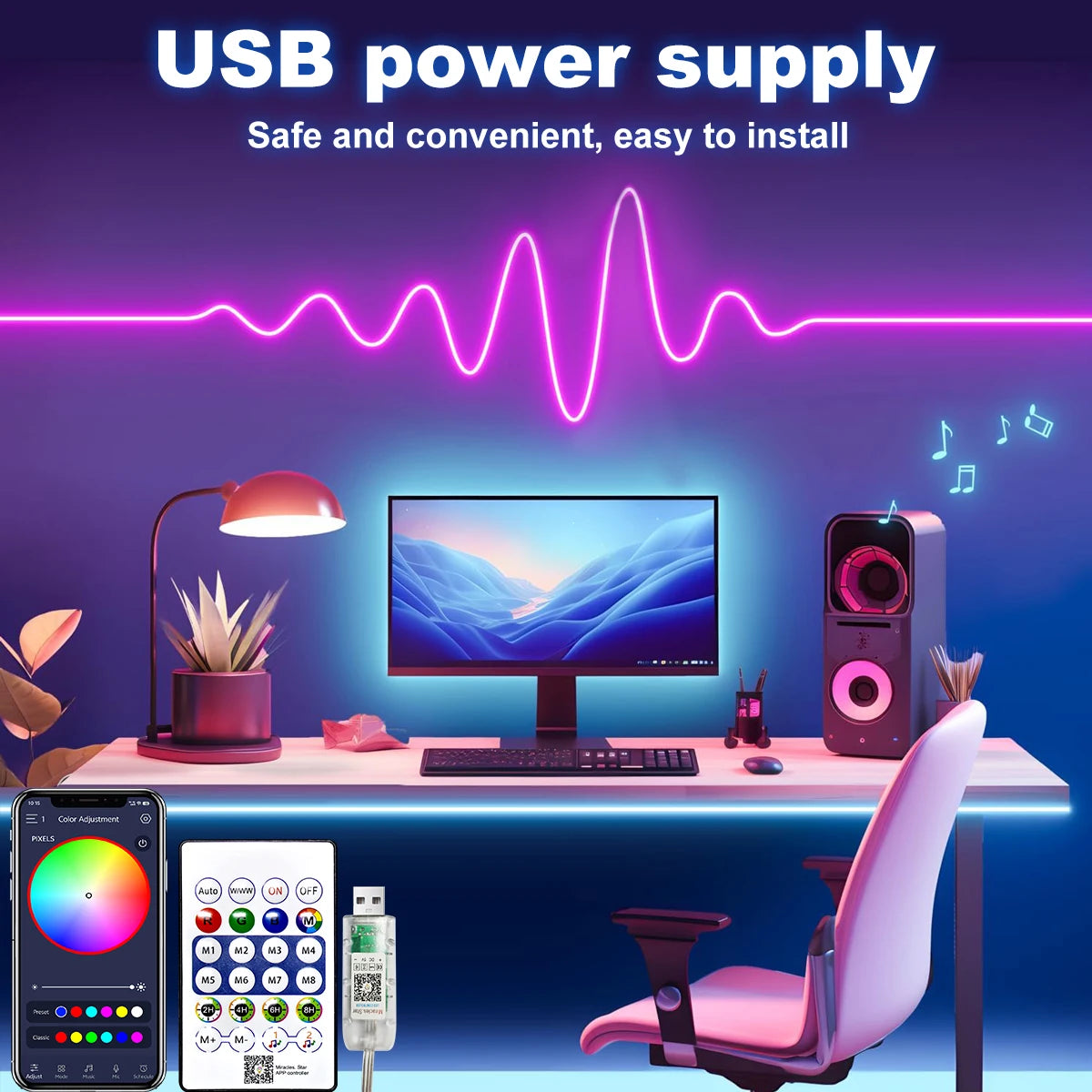 5v Smart RGB Neon Light Strip USB App/Remote Control Music Sync Waterproof Flexible Neon Strip for Bedroom Game Party Decoration