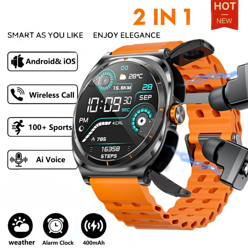 2025 Upgraded For Android IOS TWS 2 in 1 SmartWatch with Headphones Bluetooth Call IP68 Waterproof Outdoor GPS Sport Smartwatch