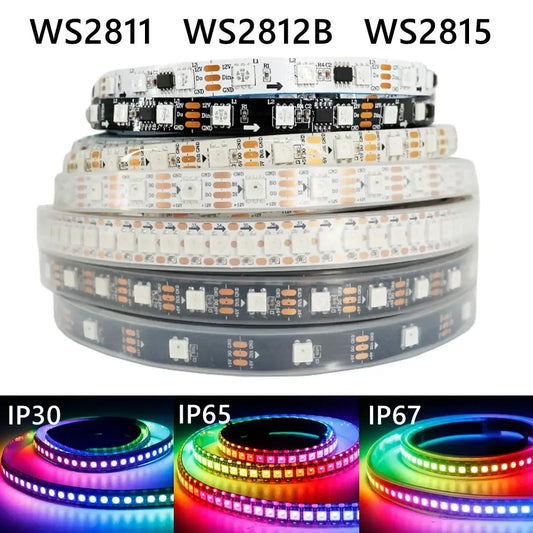 WS2812B WS2811 WS2815 5050 RGB Smart LED Strip Lights Individually Addressable IC 30/60/144Pixels/Leds/m DC5V/12V IP30/IP65/IP67 - 1Tecbuy