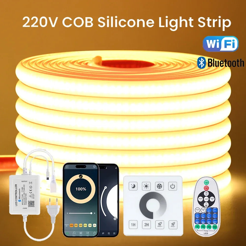 220V Dimmable COB LED Strip Light WIFI Bluetooth Wall Touch 23key Remote Control Power Kit 288LED IP67 Waterproof Flexible Lamp - 1Tecbuy