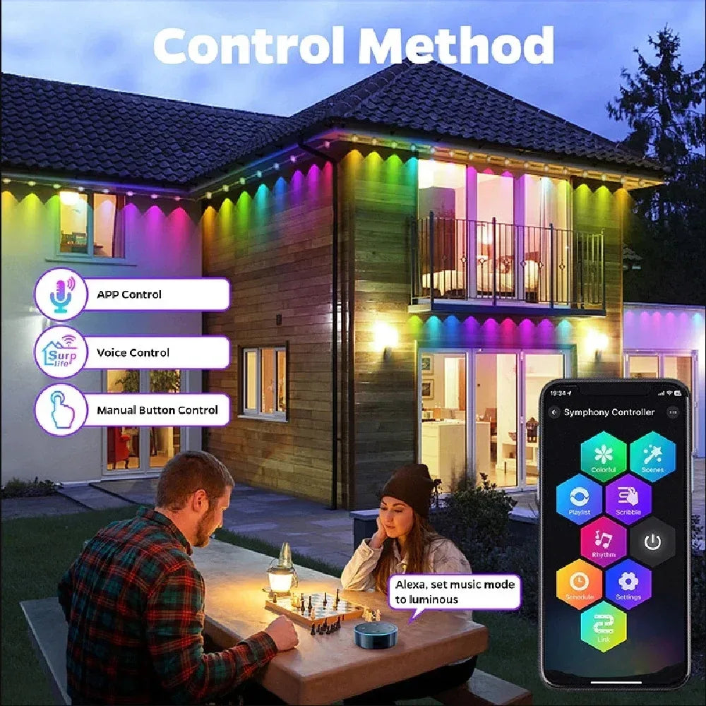 15M/30M/45M/60M RGBIC Smart Eaves Light with APP/Remote Control IP67 Waterproof Outdoor String Lights House Roof Garden Lighting - 1Tecbuy