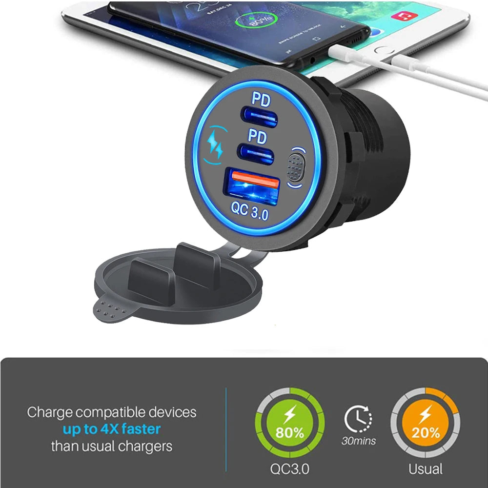 Car Charger Socket PD3.0 & QC3.0 Double USB C Ports Waterproof with LED Touch Switch 78W Fast Charging 12V/24V For Moto Adapter
