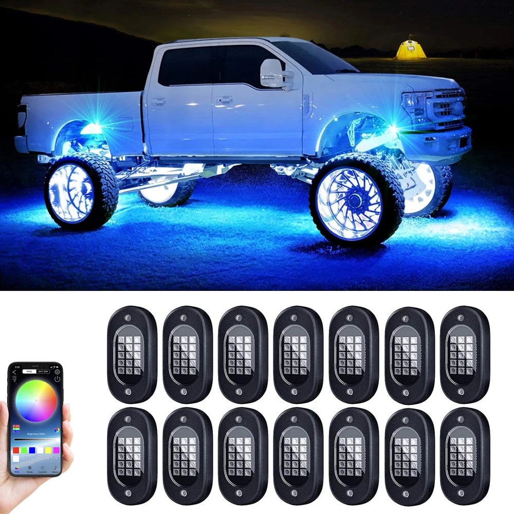 YiLaie 4/6/8/10/12 pods RGB LED Rock Light APP Control Music Neon Car Underglow Chassis Light for Offroad Truck SUV Rock Lights