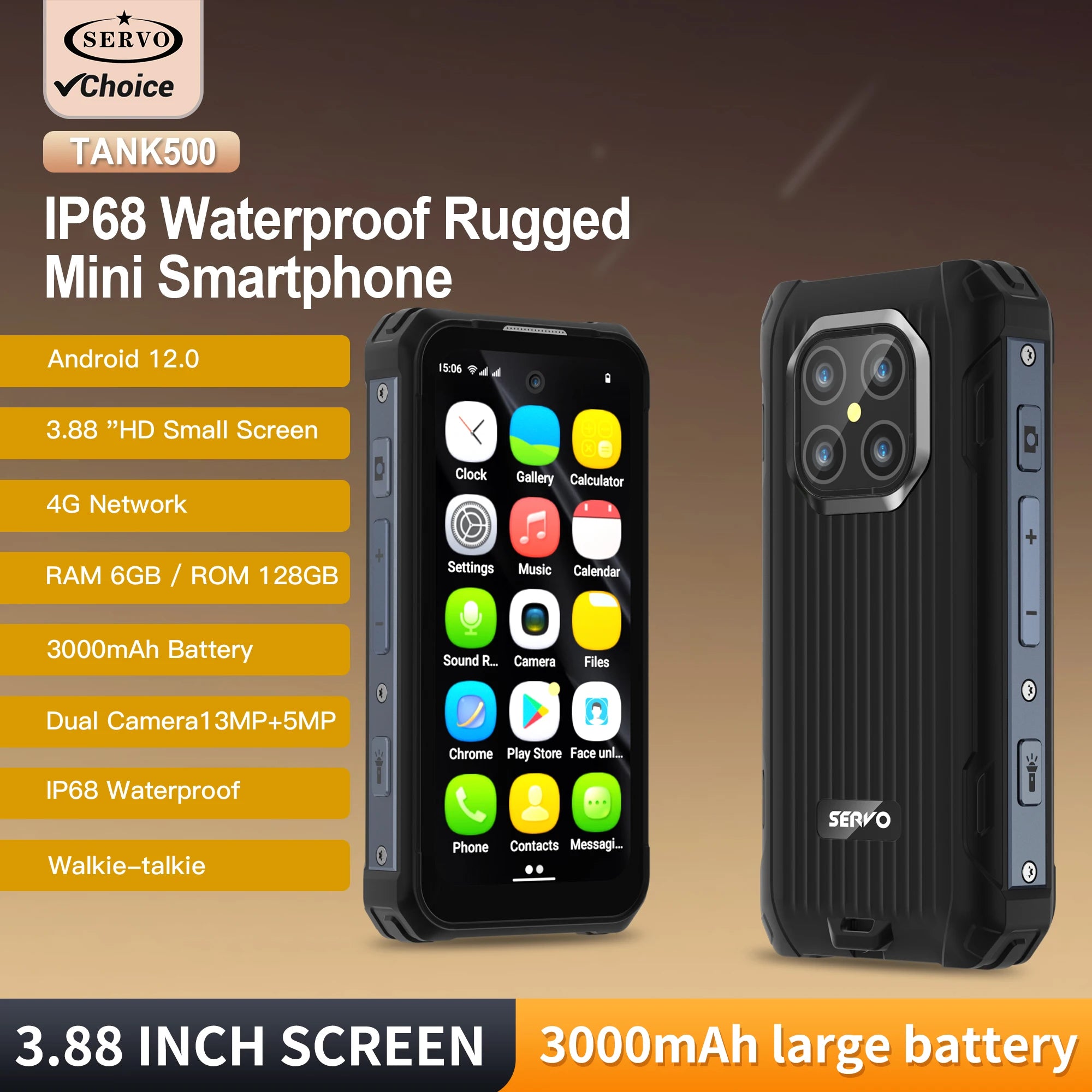 SERVO TANK500 4G PTT Smartphone Android 12 6+128GB Dual Camera 5MP+13MP 3.88"Display IP68 Waterproof Rugged Mobile Phone 3000mAh