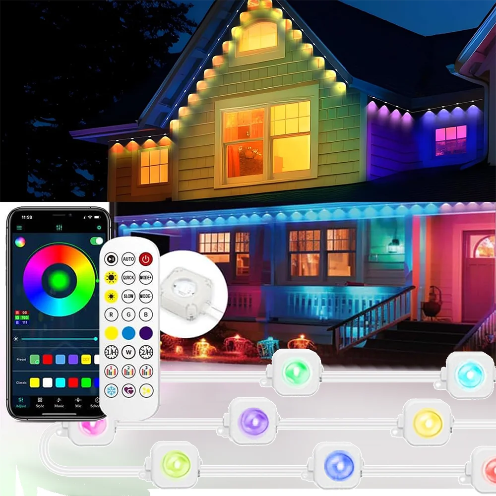Year Christmas Birthday DIY Lighting 60M Smart RGB Eave Lights App & Remote IP67 Permanent Outdoor LED String Lights