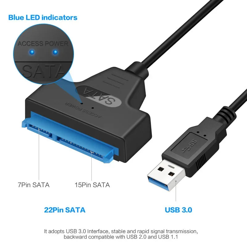 SATA to USB 3.0 / 2.0 Cable Up to 6 Gbps for 2.5 Inch External HDD SSD Hard Drive SATA 3 22 Pin Adapter USB 3.0 to Sata III Cord - 1Tecbuy