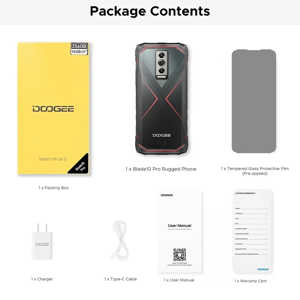 Global Version DOOGEE Blade10 Pro Rugged Phone Android 14 6GB+256GB Octa Core 6.56" 90Hz IPS Screen 50MP AI Main Camera 5150mAh