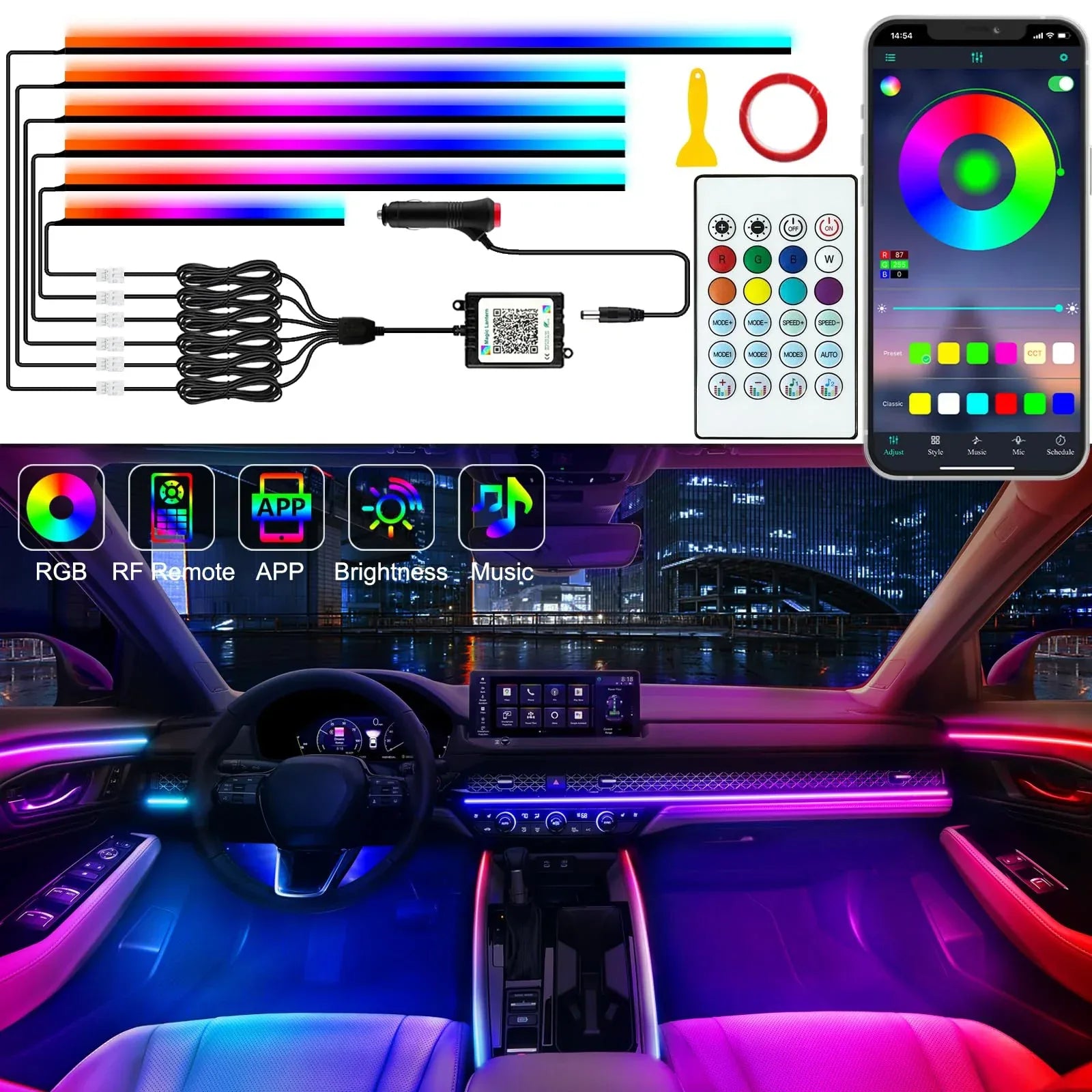 Universal Symphony Car Ambient Lights LED Interior RGB Streamer Atmosphere Lamp USB APP Control Remote for Tesla Model 3 Y S X - 1Tecbuy