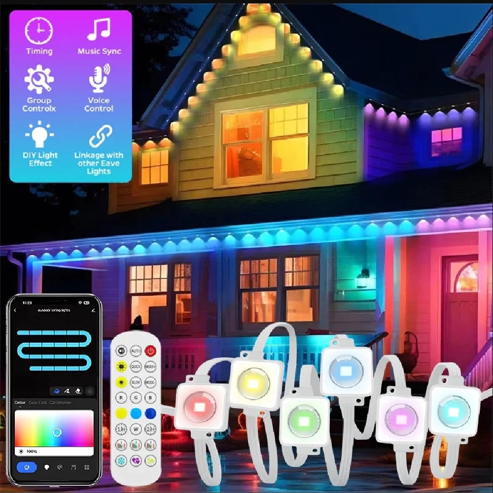 15M/30M/45M/60M RGBIC Smart Eaves Light with APP/Remote Control IP67 Waterproof Outdoor String Lights House Roof Garden Lighting