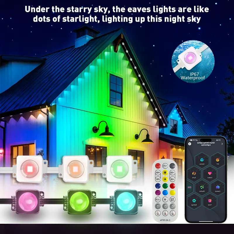 LED Permanent Outdoor Lights With Remote Christmas New Year Roof DIY Holiday String Light IP67 Waterproof RGBIC Eave Lights