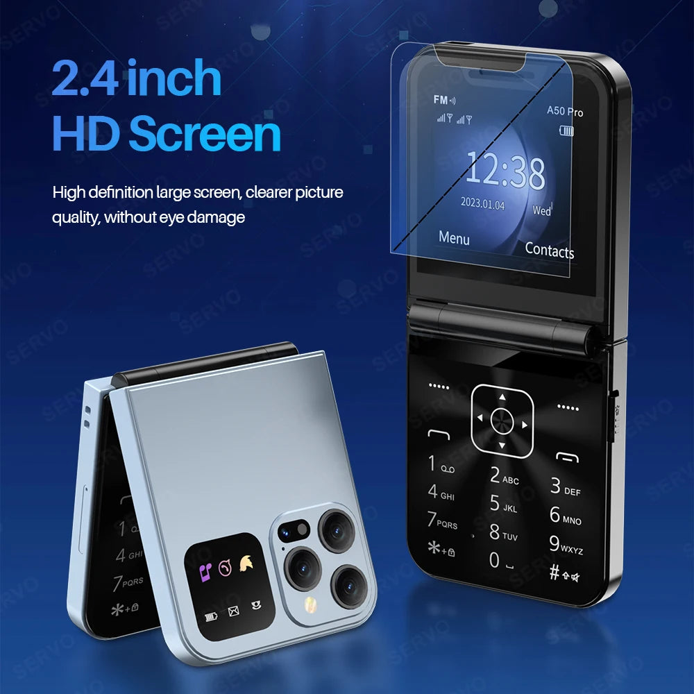SERVO A50 PRO Flip Mobile Phones Magic Voice Blacklist Dual SIM Call Record Speed Dial Foldable Cellphones 2.4" Display Type-C