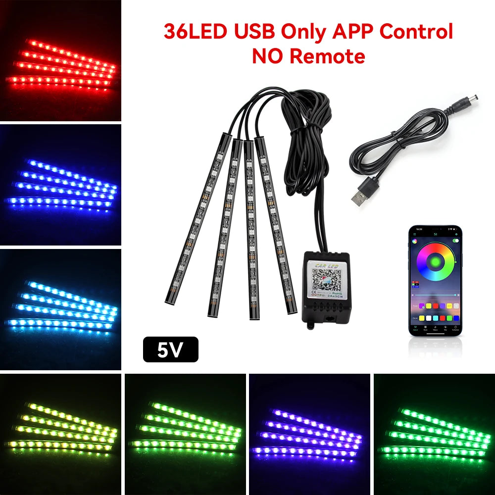 5V/12V Car Interior Ambient Foot Light Music APP USB/Cig Backlight  Atmosphere Decorative Strip Lamp Neon For Auto Vehicle