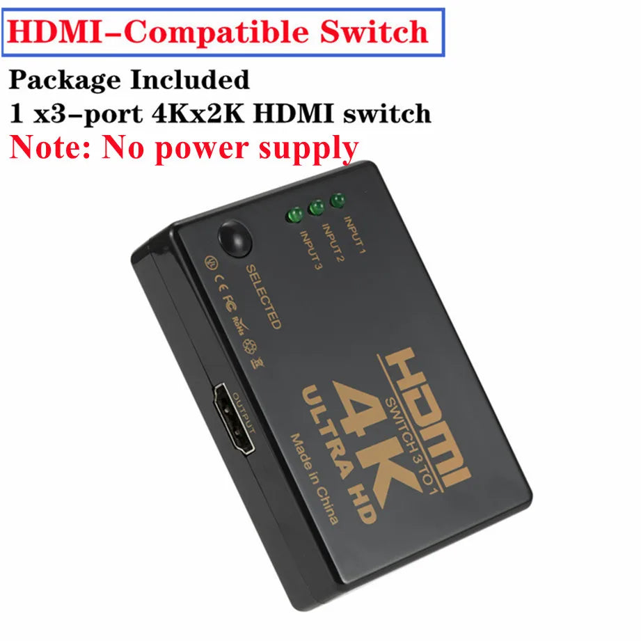 4K 2K 3x1 HDMI Cable Splitter HD 1080P Video Switcher Adapter 3 Input 1 Output Port HDMI Hub for Xbox PS4 DVD HDTV PC Laptop TV
