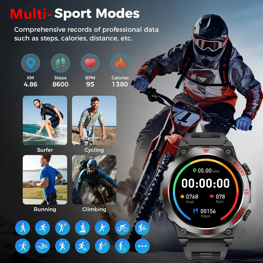 LAXASFIT 2025 New Smart Watch Music Player LED Flashlight Multiple Workout Modes Bluetooth Calling Outdoor Sports Smartwatch