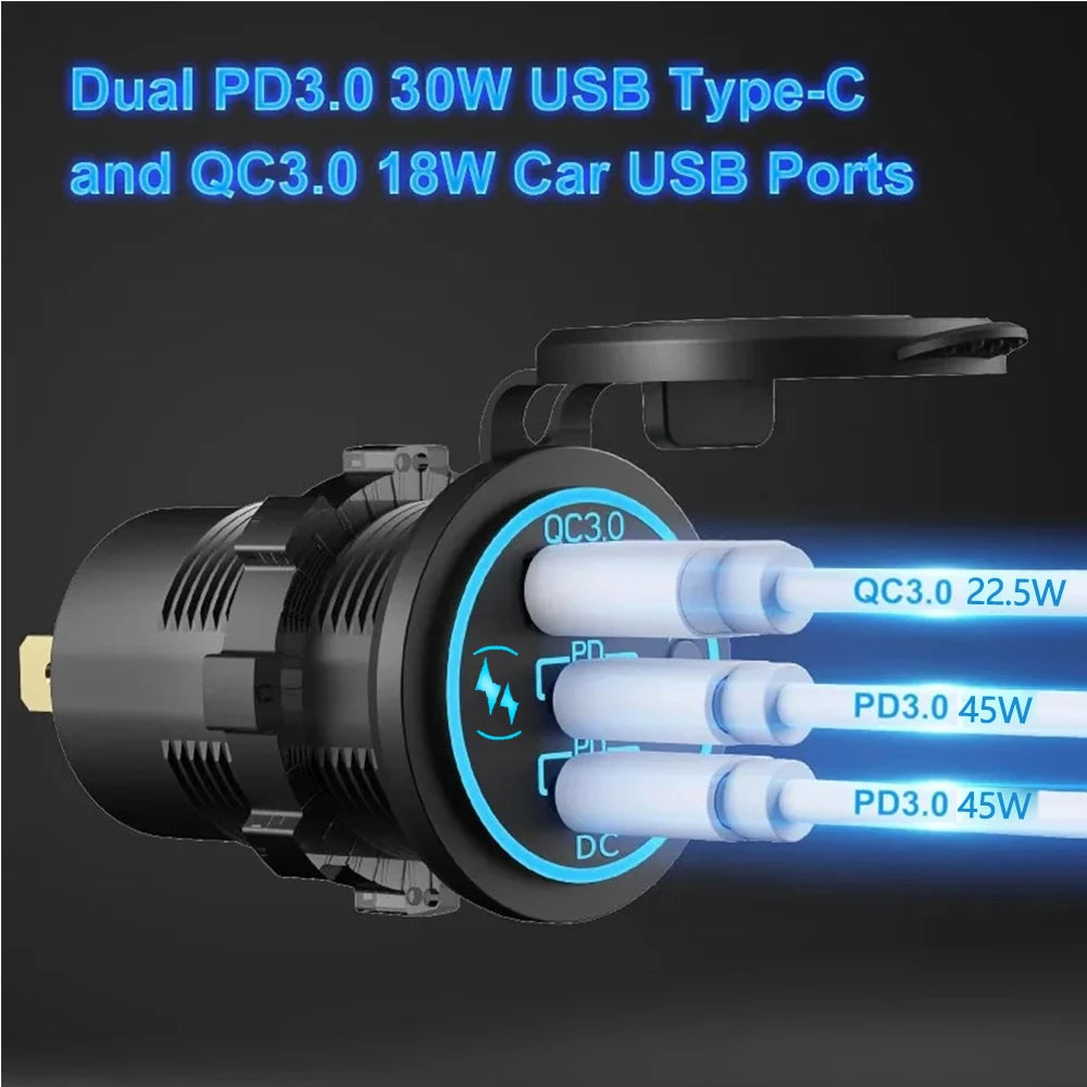 Car Charger Socket PD3.0 & QC3.0 Double USB C Ports Waterproof with LED Touch Switch 78W Fast Charging 12V/24V For Moto Adapter