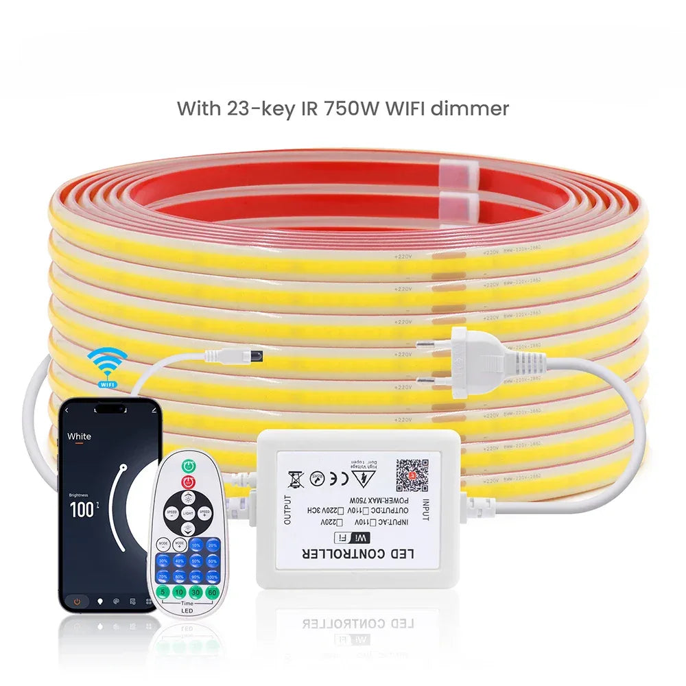 220V Dimmable COB LED Strip Light WIFI Bluetooth Wall Touch 23key Remote Control Power Kit 288LED IP67 Waterproof Flexible Lamp - 1Tecbuy