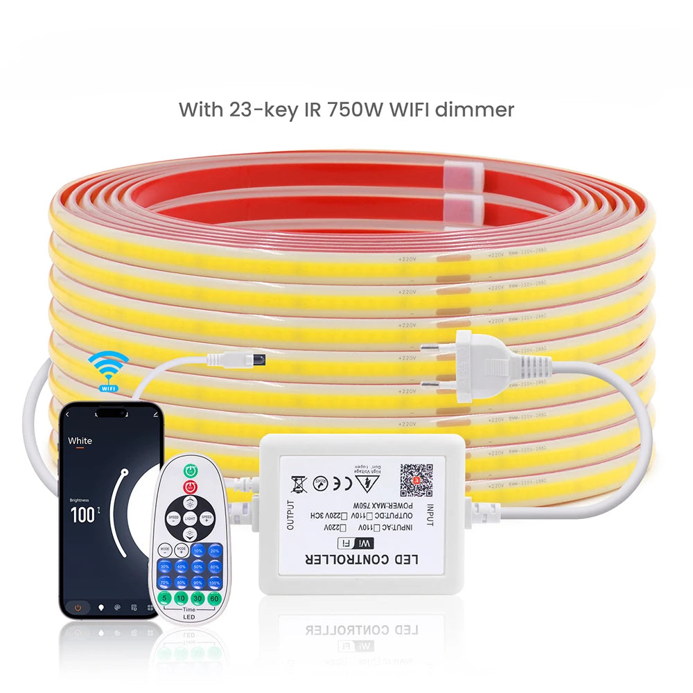 220V Dimmable COB LED Strip Light WIFI Bluetooth Wall Touch 23key Remote Control Power Kit 288LED IP67 Waterproof Flexible Lamp