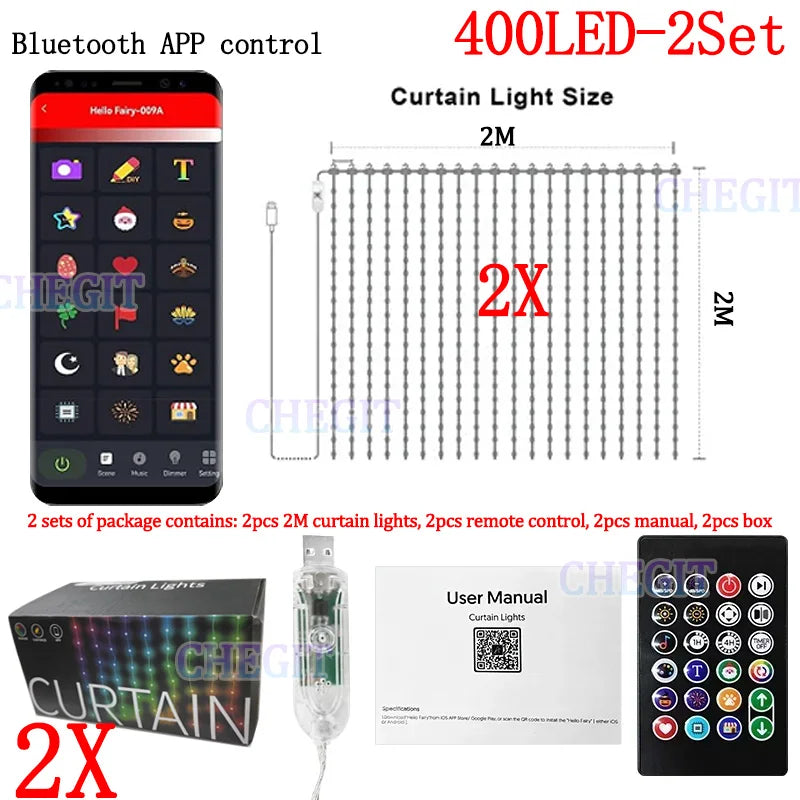 2m*2m/3m Smart Curtain Lights Bluetooth App LED String RGB Fairy Lights DIY Music Change Display for Window Bedroom Decoration
