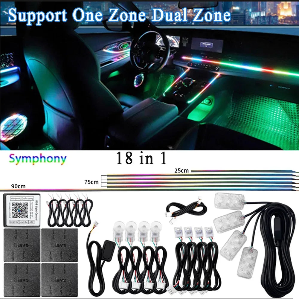 14/18 in 1 Led Acrylic Car Ambient Light RGB 64 213 Color Symphony Acrylic APP Streamer Atmosphere Lamp Kit One Zone Dual Zone - 1Tecbuy