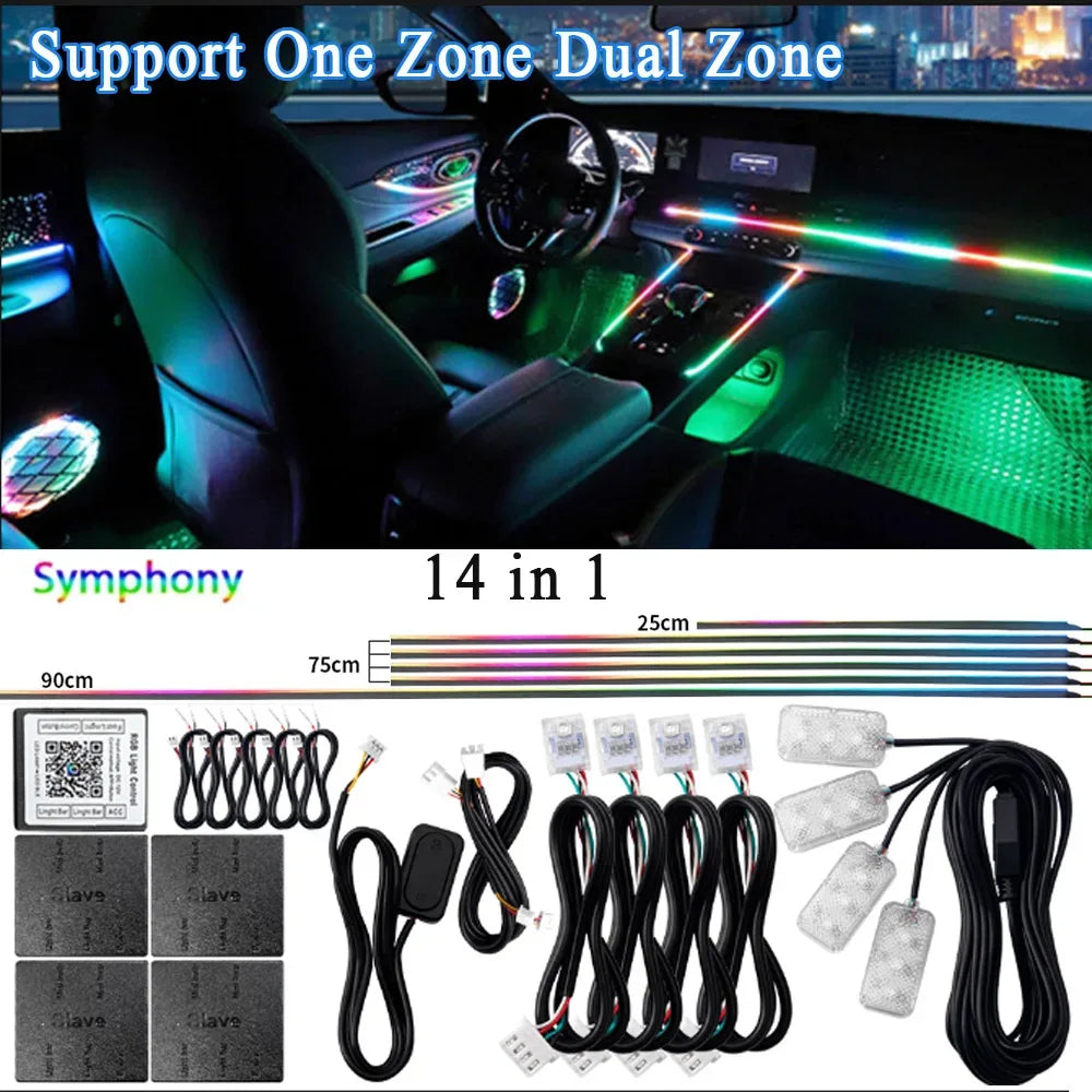 14/18 in 1 Led Acrylic Car Ambient Light RGB 64 213 Color Symphony Acrylic APP Streamer Atmosphere Lamp Kit One Zone Dual Zone - 1Tecbuy
