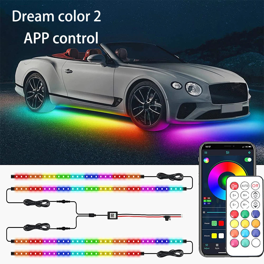 Neon LED Car Bottom Underglow Strip Lights Bar with Remote APP 16 Million Color Music DIY RGB Exterior Underbody Light 120x150cm