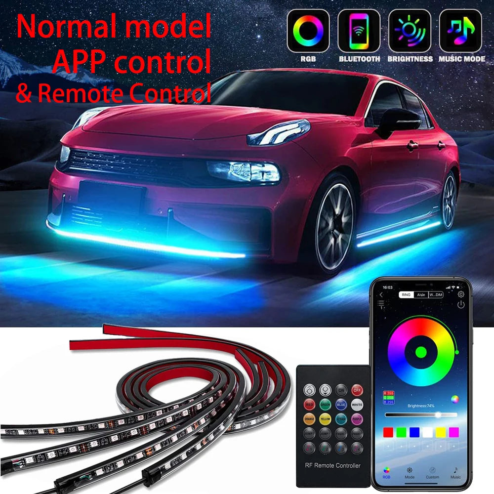 Neon LED Car Bottom Underglow Strip Lights Bar with Remote APP 16 Million Color Music DIY RGB Exterior Underbody Light 120x150cm