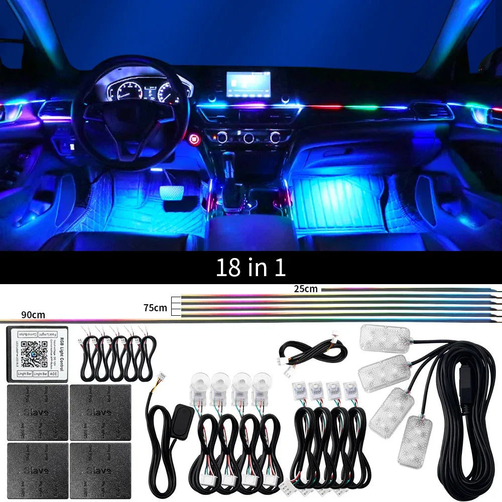 18 in 1 Dual Zone Symphony Streamer Car Ambient Light Interior LED Full Color RGB Neon Acrylic Strip Atmosphere Lighting Kit App - 1Tecbuy