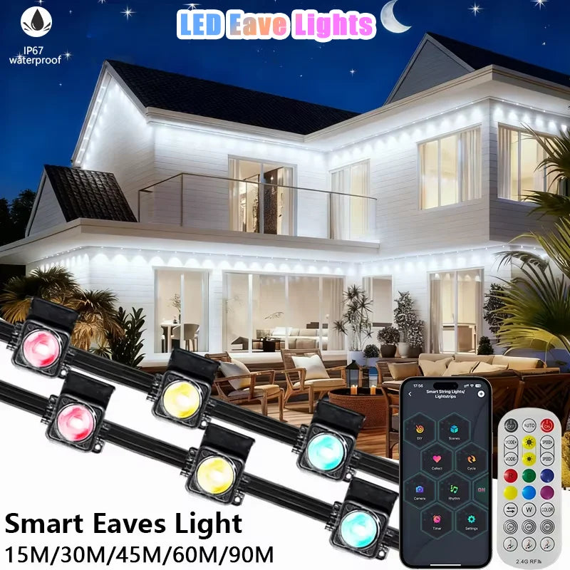 LED Permanent Outdoor Lights With Remote Christmas New Year Roof DIY Holiday String Light IP67 Waterproof RGBIC Eave Lights