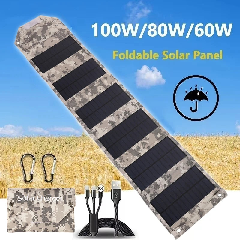100W/80W/60W Foldable Solar Panel 5V USB Portable Battery Charger for Cell Phone Outdoor Waterproof Power Bank for Camping