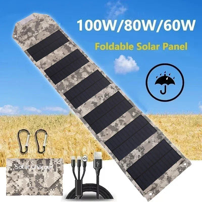 100W/80W/60W Foldable Solar Panel 5V USB Portable Battery Charger for Cell Phone Outdoor Waterproof Power Bank for Camping - 1Tecbuy