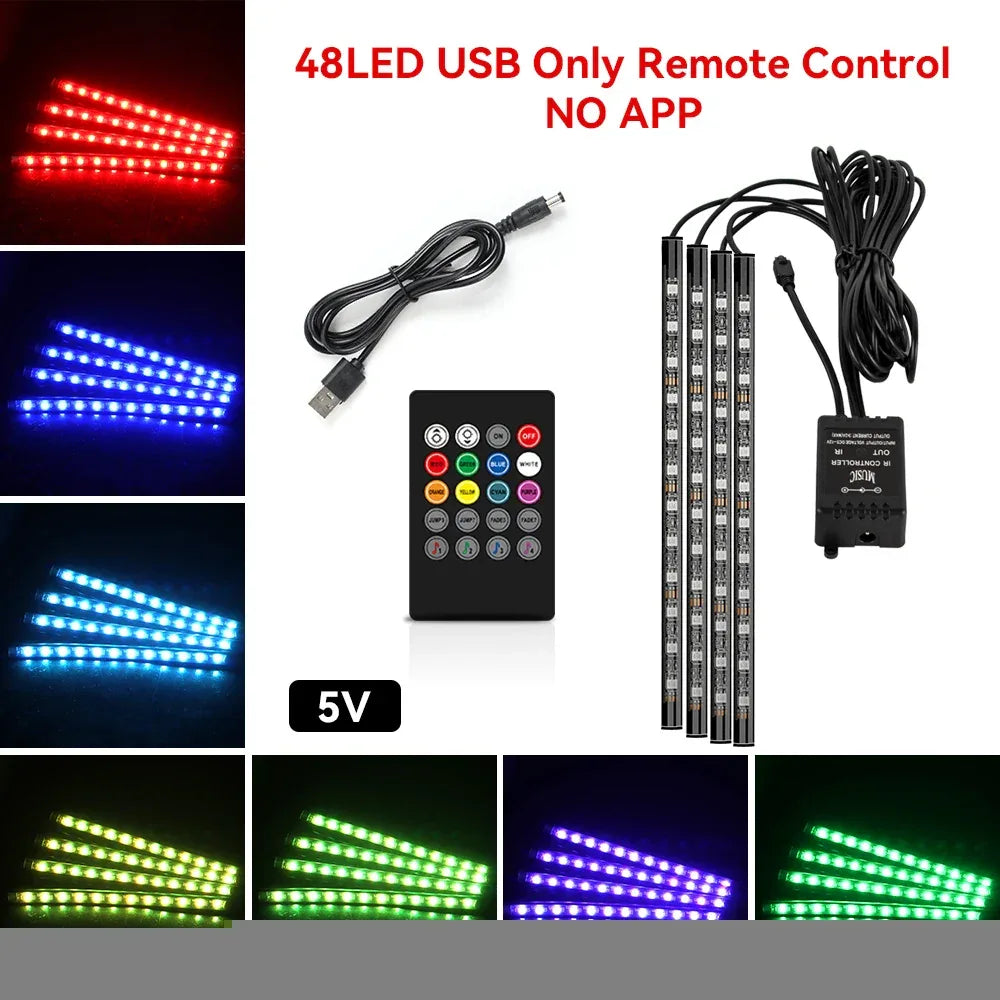 5V/12V Car Interior Ambient Foot Light Music APP USB/Cig Backlight Atmosphere Decorative Strip Lamp Neon For Auto Vehicle - 1Tecbuy