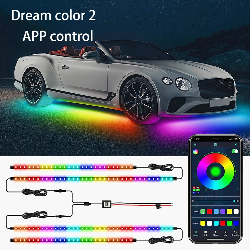 Neon LED Car Bottom Underglow Strip Lights Bar with Remote APP 16 Million Color Music DIY RGB Exterior Underbody Light 120x150cm